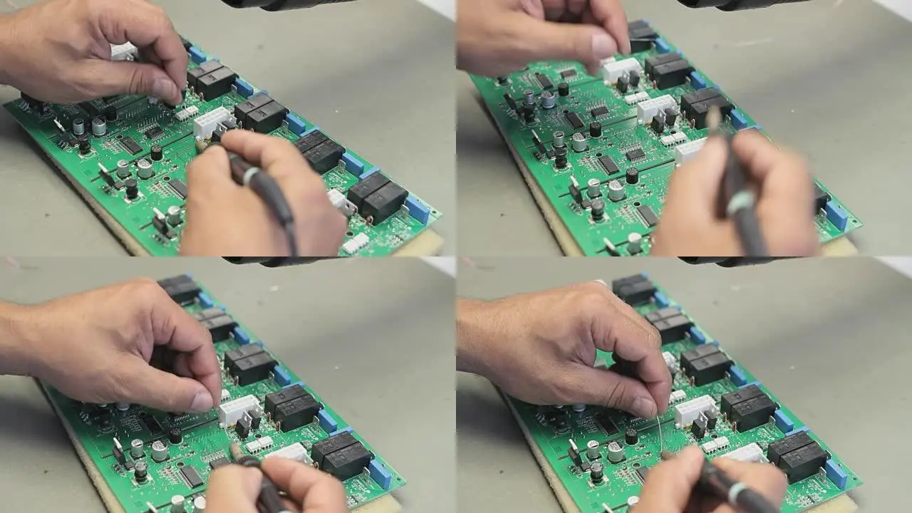 技术人员使用万用表在 PCB 上测试集成电路以进行故障排除。