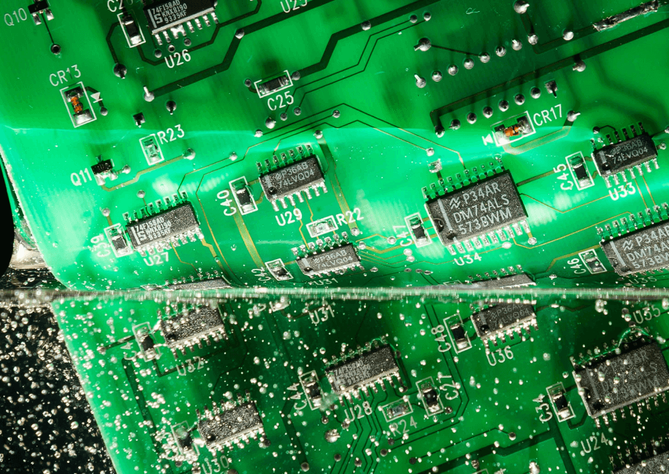 保护 SMT PCB 元件的保形涂层示意图