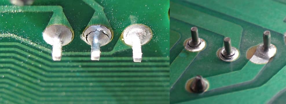 PCB 焊点问题特写，包括冷焊点和桥接