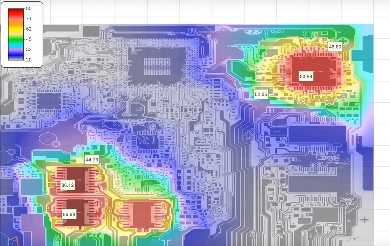 显示热分布的 1 盎司铜 PCB 的热模拟