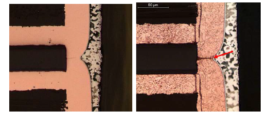 PCB 横截面图像突出显示内部缺陷，例如通孔中的空隙。