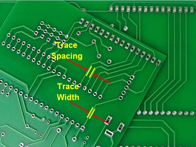 PCB走线特写，说明设计安全的最小走线间距