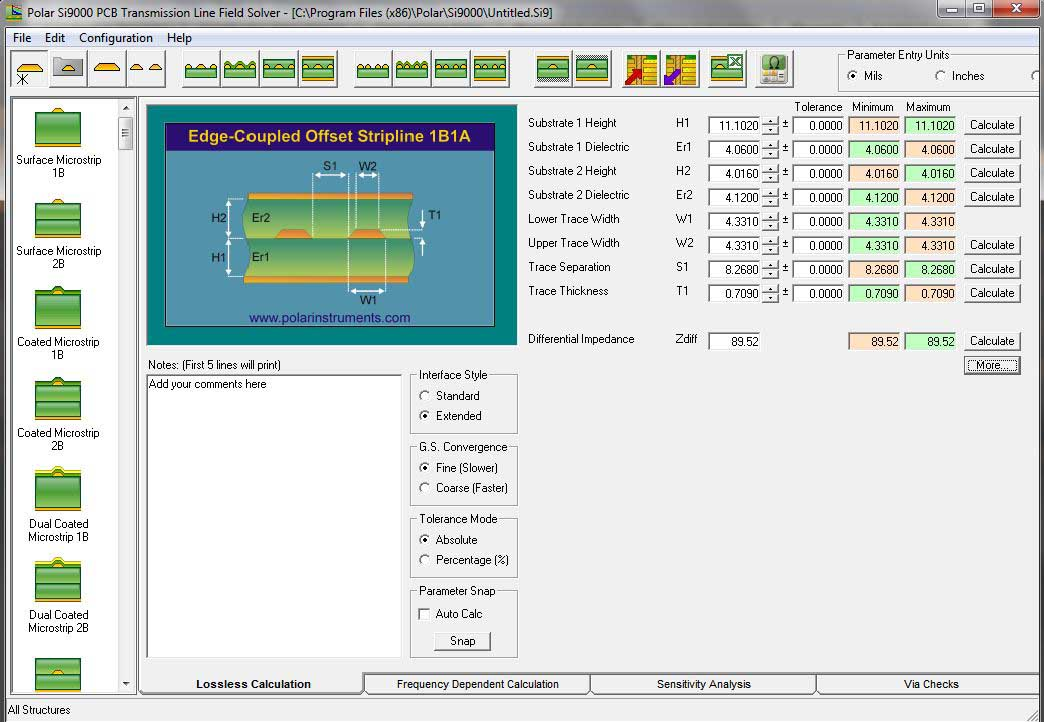 显示阻抗计算和材料选择的PCB叠层软件界面